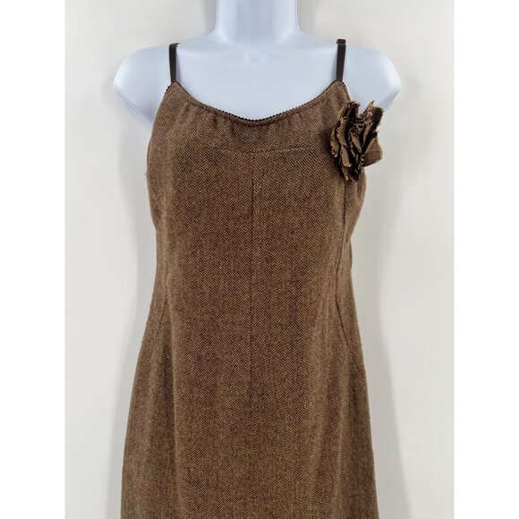 Benetton M Brown Herringbone Dress Wool Blend Flower Y2K Slip Jumper Made Italy - Picture 11 of 12